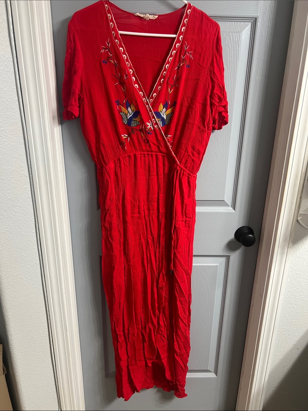 Red Embroidered Faux-Wrap Maxi Dress